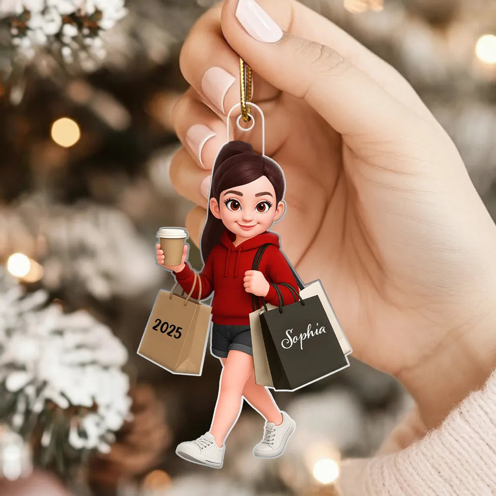 Ornament - Personalized Cute Shopper with Coffee, Cartoon, Easy to Hang, Unique Gift for Best Friend or Daughter