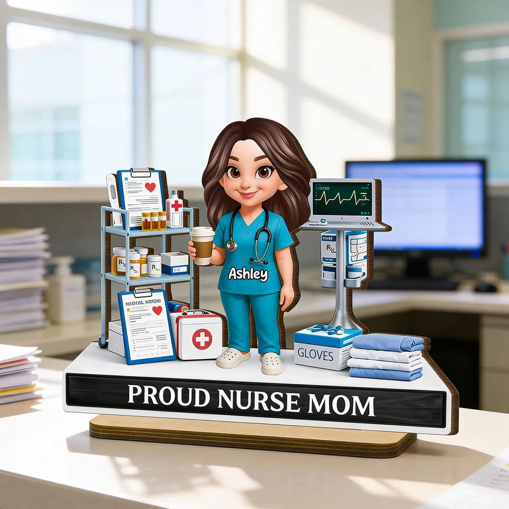 Personalized Proud Nurse Mom 2-Layer Wooden Plaque, Cartoon Nurse in Hospital Scene, Unique Gift for Mom