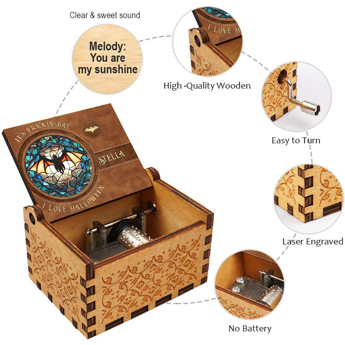 It's Frickin' Bat I Love Halloween - Personalized Witch Hand Crank Music Box