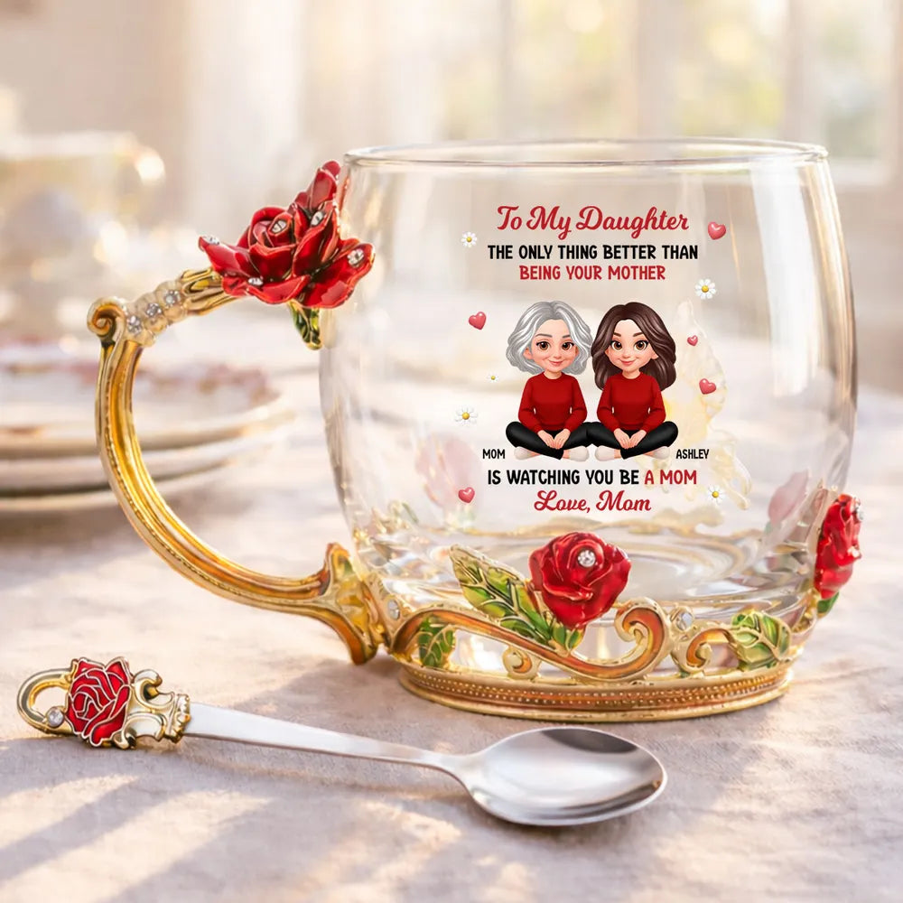 Personalized Enamel Flower Tea Cup with Mom and Daughter Illustration, Sweet Mother and Daughter Gift for Mother's Day