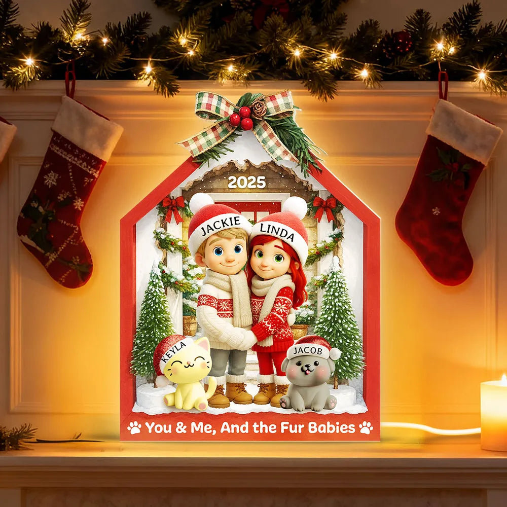 Acrylic Light Box with Couple & Pets Scene | Cozy Winter Holiday Decor, Perfect Gift for Lovers or Families