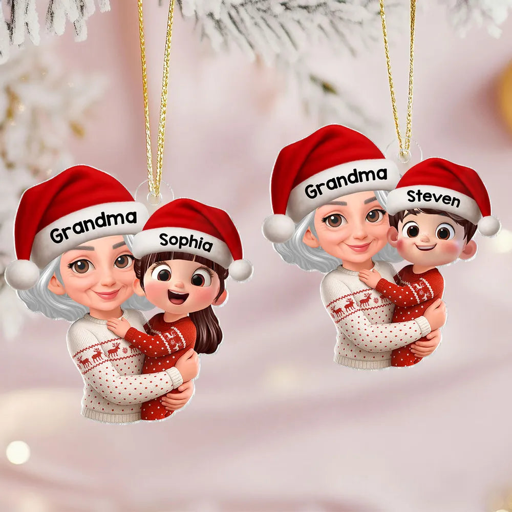 Christmas Acrylic Ornament - Grandma Hugging Grandkid in Santa Hats, Cute Cartoon Tree Decor, a Unique Gift for Family