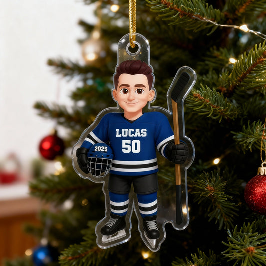 Acrylic Ornament - Personalized Hockey Player Cartoon Holding Stick, Christmas Tree Decor, Unique Gift for Players & Fans