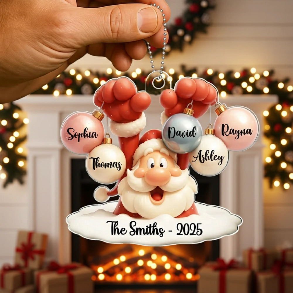 Santa Family Acrylic Ornament, festive bauble design with Santa holding ornaments, perfect gift for families, cozy tree decoration
