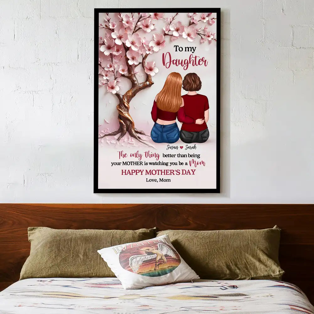 Personalized Mother & Daughter Hugging Under Cherry Blossom Tree Poster – Unframed Poster or Canvas for Mother's Day Gift