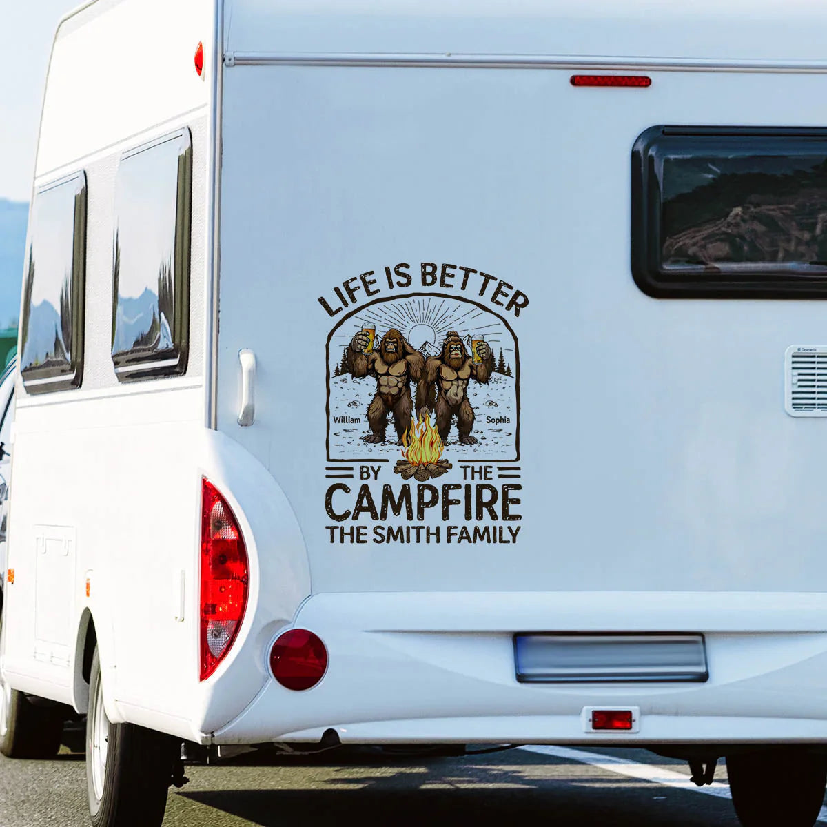 Personalized Sticker Decal Life Is Better by the Campfire Bigfoot Couple for RVs and Campers - Unique Gift