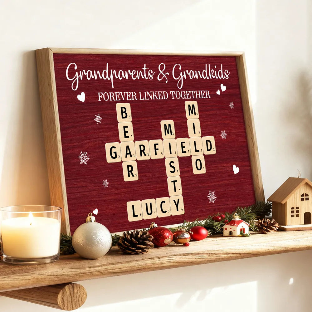 Personalized Grandparents & Grandkids Poster, Crossword Wall Art Keepsake, Cozy Red Decor, Unique Gift for Christmas or Birthdays