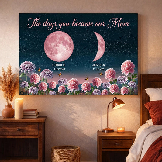 The Days You Became Our Mom Poster, Personalized Moon Phases and Birth Month Flowers, Heartfelt Gift for Mom