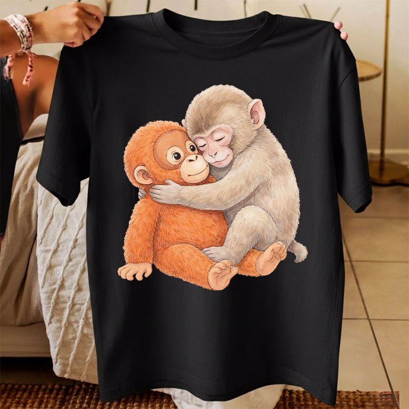 Cute Punch Monkey Graphic Classic Tee, Hugging Baby Monkey Art, Cozy Viral Animal Lover Gift Shirt