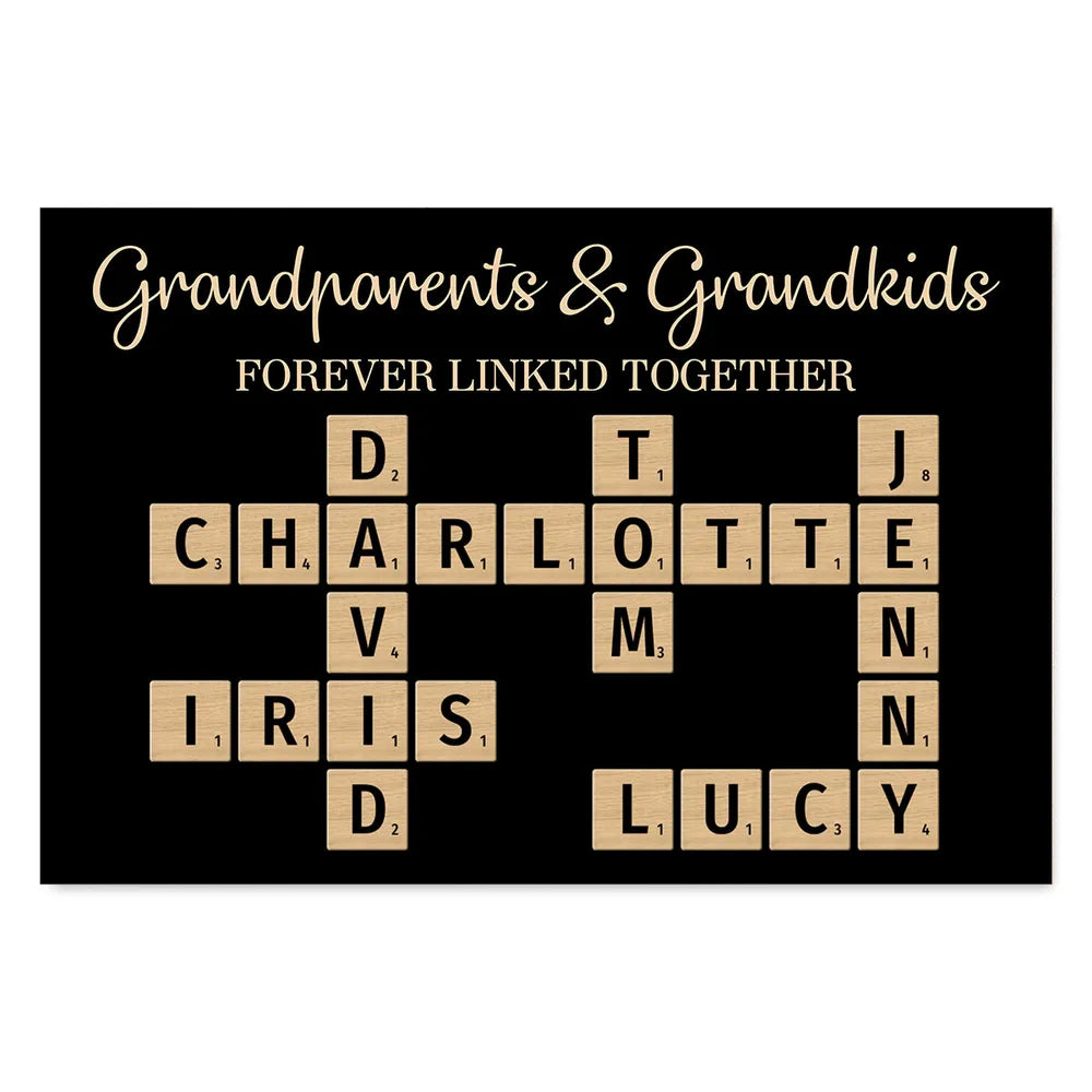 Grandparents & Grandkids Forever Linked Together Crossword Puzzle Art Personalized Poster or Plaque or Keychain or Orament, Gift For Grandma or Grandson
