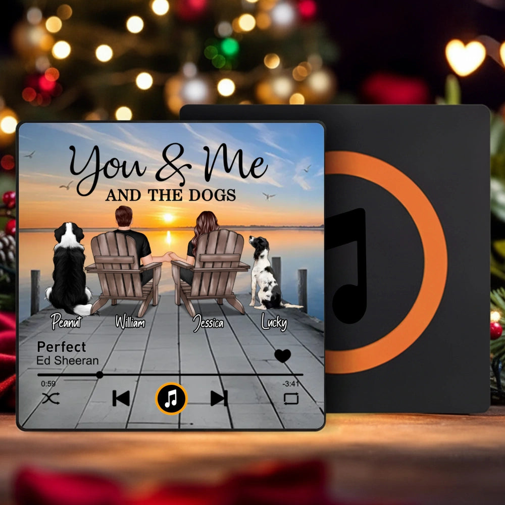 Couple You Me And The Dogs Cats Sitting On Lake Dock Personalized Music Fridge Magnet, Gift For Couple, Dog Lovers, Cat Lovers, Pet Lovers
