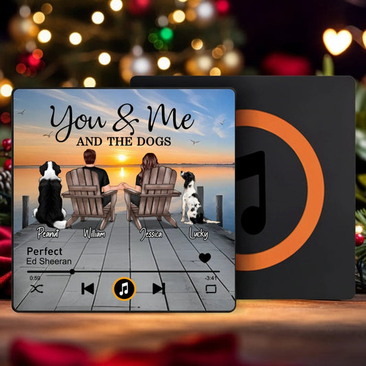 Couple You Me And The Dogs Cats Sitting On Lake Dock Personalized Music Fridge Magnet, Gift For Couple, Dog Lovers, Cat Lovers, Pet Lovers