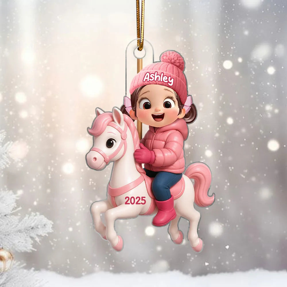Girl Riding Horse Acrylic Ornament – Personalized Christmas Gift for Kids, Heartwarming Family House Keepsake