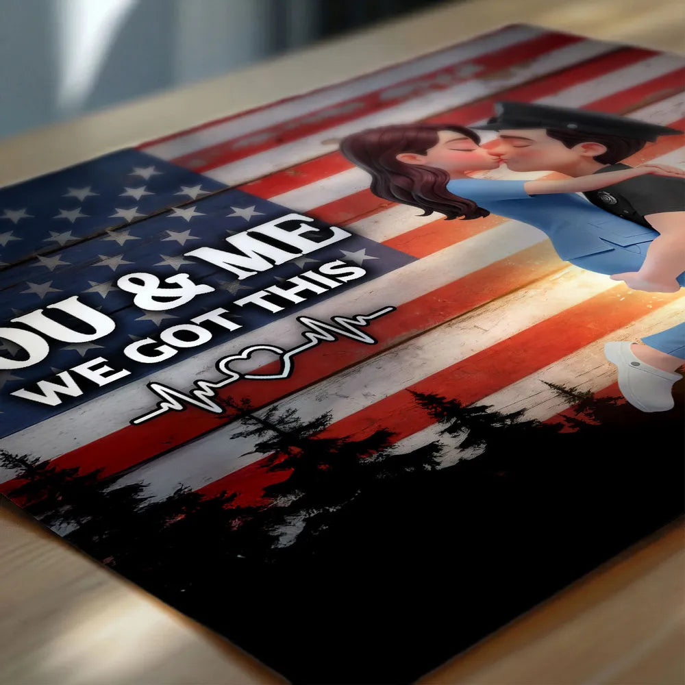 Personalized Poster of a Kissing Hero Couple on American Flag Background - Unique Gift for Couples to Say You & Me We Got This