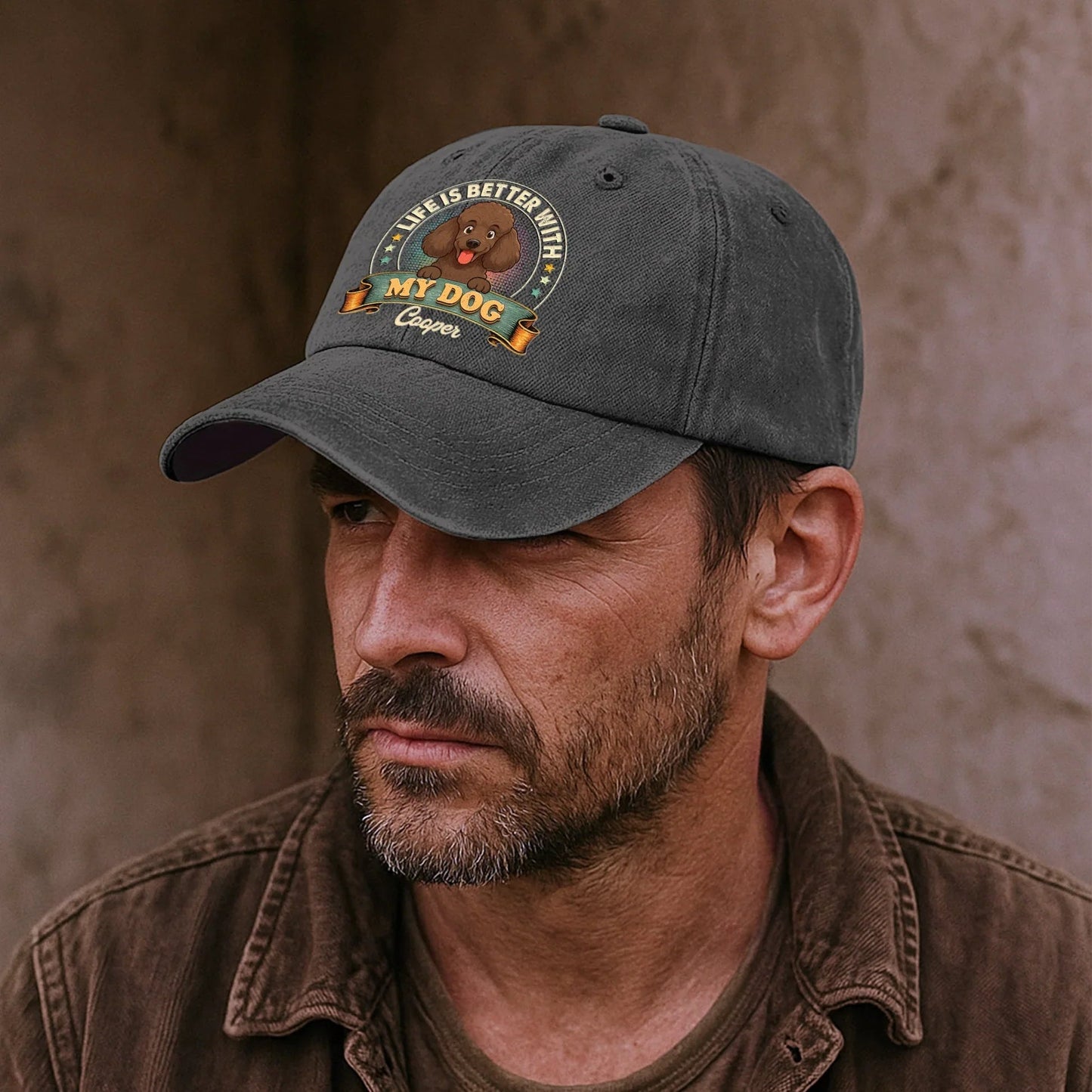 Personalized Washed Denim Baseball Cap With Cute Dog Graphic, Vintage Look Outdoor Wear, Unique Gift for Dog Lovers