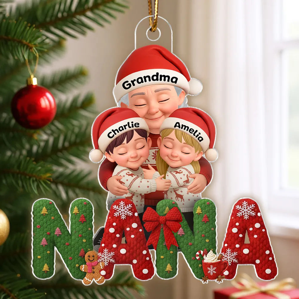 Personalized Acrylic Ornament for Grandma and Grandkids, Cozy Hugging Scene, Cute Christmas Tree Decor, Unique Holiday Gift