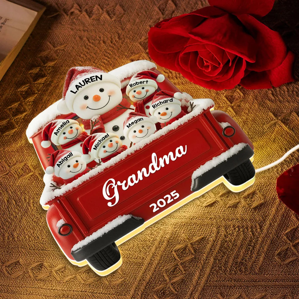 Custom Snowman Grandma & Grandkids Acrylic Light Box, Festive Red Truck Bedroom Lamp and Unique Holiday Gift for Family