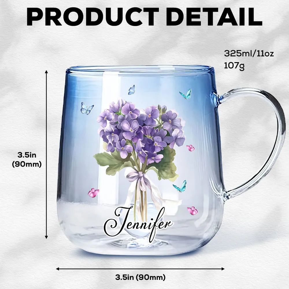 Blue Gradient Glass Mug with Floral Bouquet and Butterflies, Personalized Name Gift for Her, Everyday Coffee or Tea