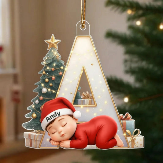 Baby Sleeping Initial Monogram Acrylic Ornament, Christmas Tree & Lights, unique gift for New Parents and Grandparents