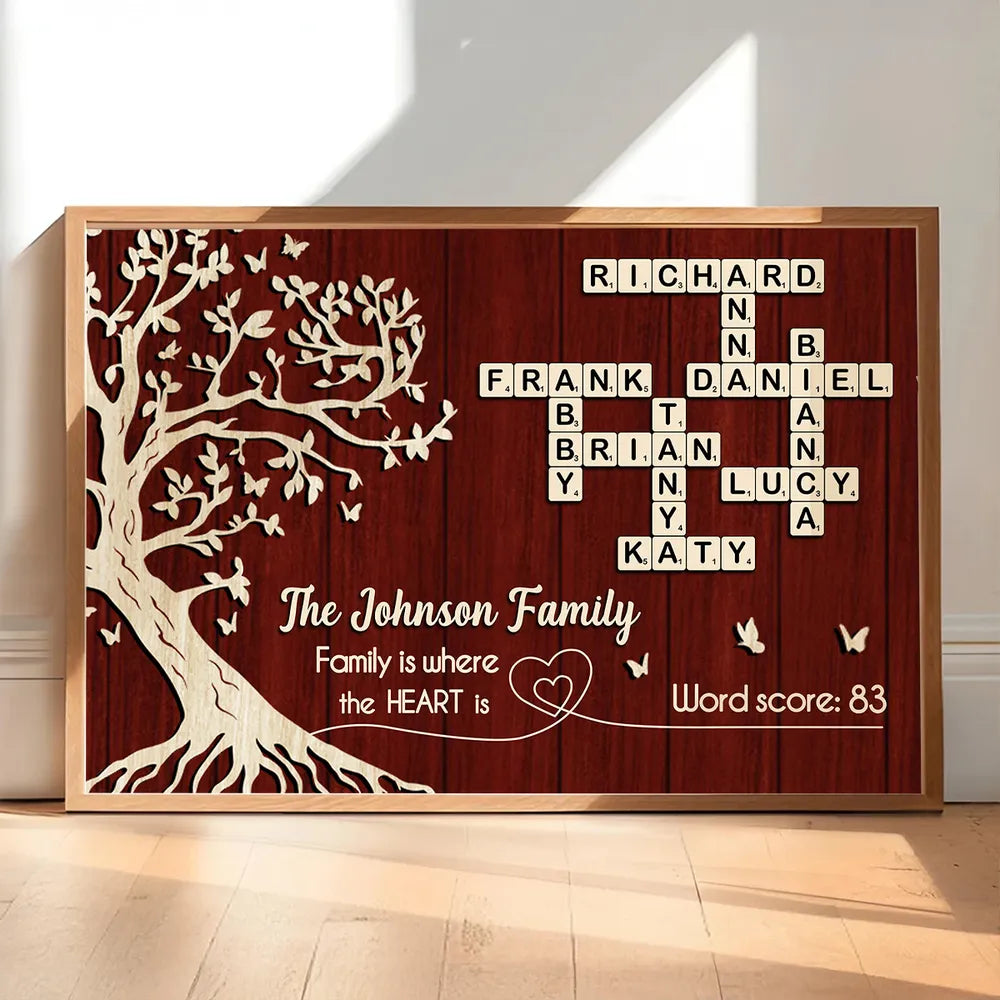 Custom Family Crossword Poster Wall Art – Personalized Names on Tree of Life, Heartwarming Gift for Parents