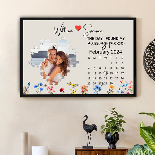 The Day I Found My Missing Piece – Customizable Couple's Poster, Gift for lover, with Puzzle Heart, Calendar, and Floral Details