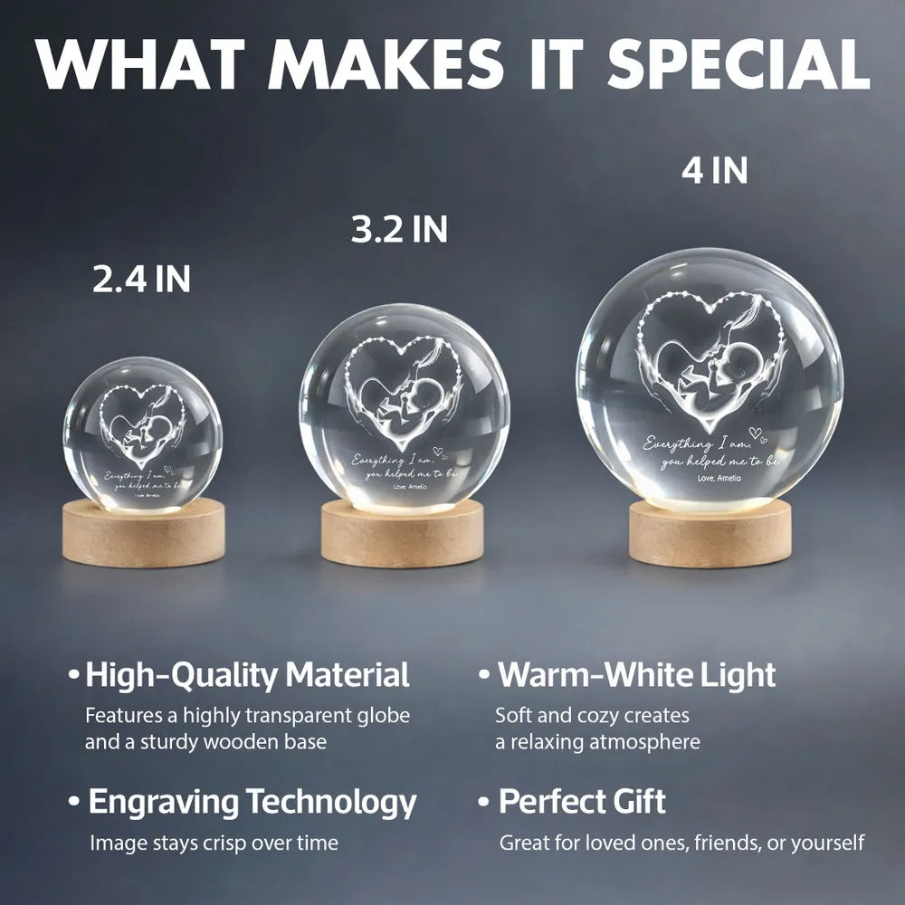 Everything I Am You Helped Me To Be Mom Personalized Crystal Ball LED Night Light, Mother & Baby Heart Glow, Unique Mother's Day Gift