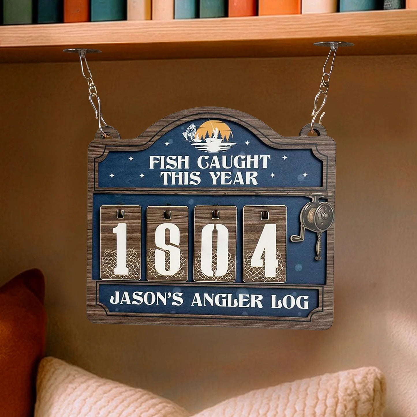 Wooden Hanging Tracker, Personalized Angler Log Sign for Showing Off Fish Caught This Year, Fun Unique Gift for Dad