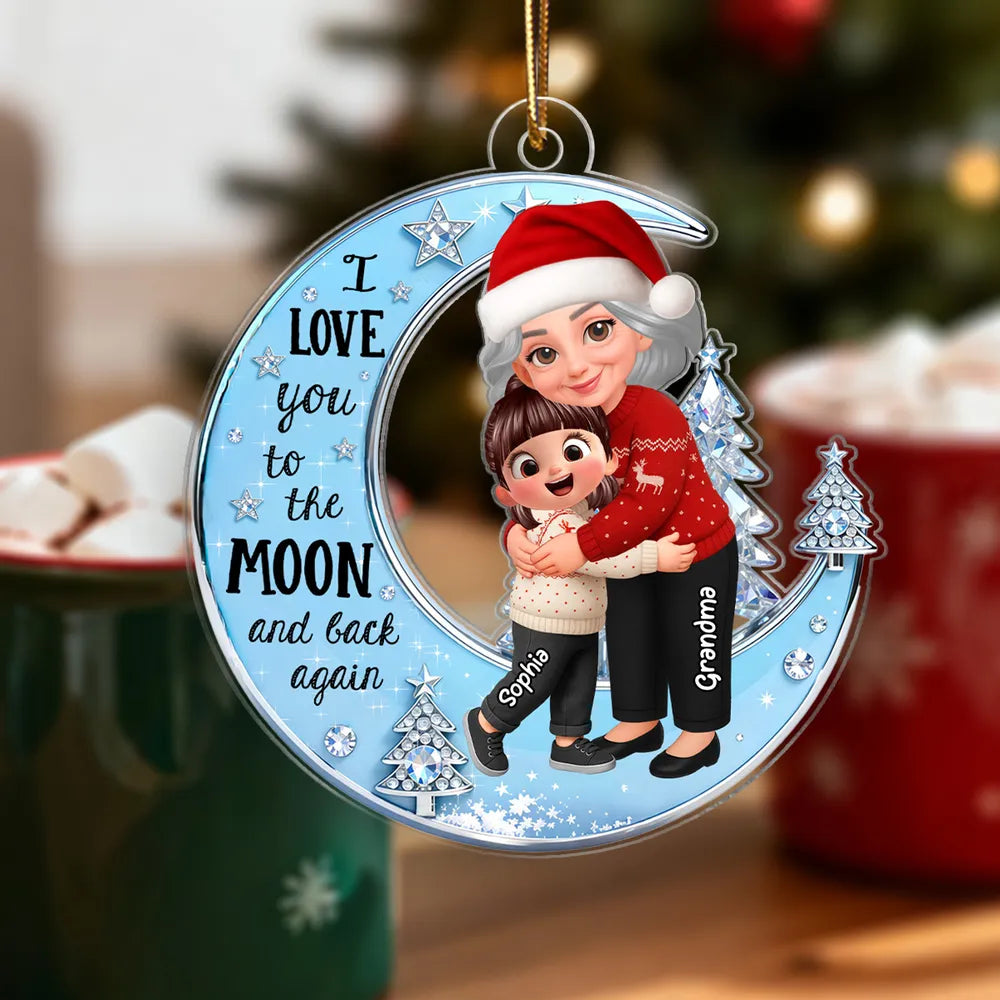 Acrylic Ornament - Grandma & Grandkid on Crescent Moon, Cute Christmas Scene, I love you to the moon and back, unique gift