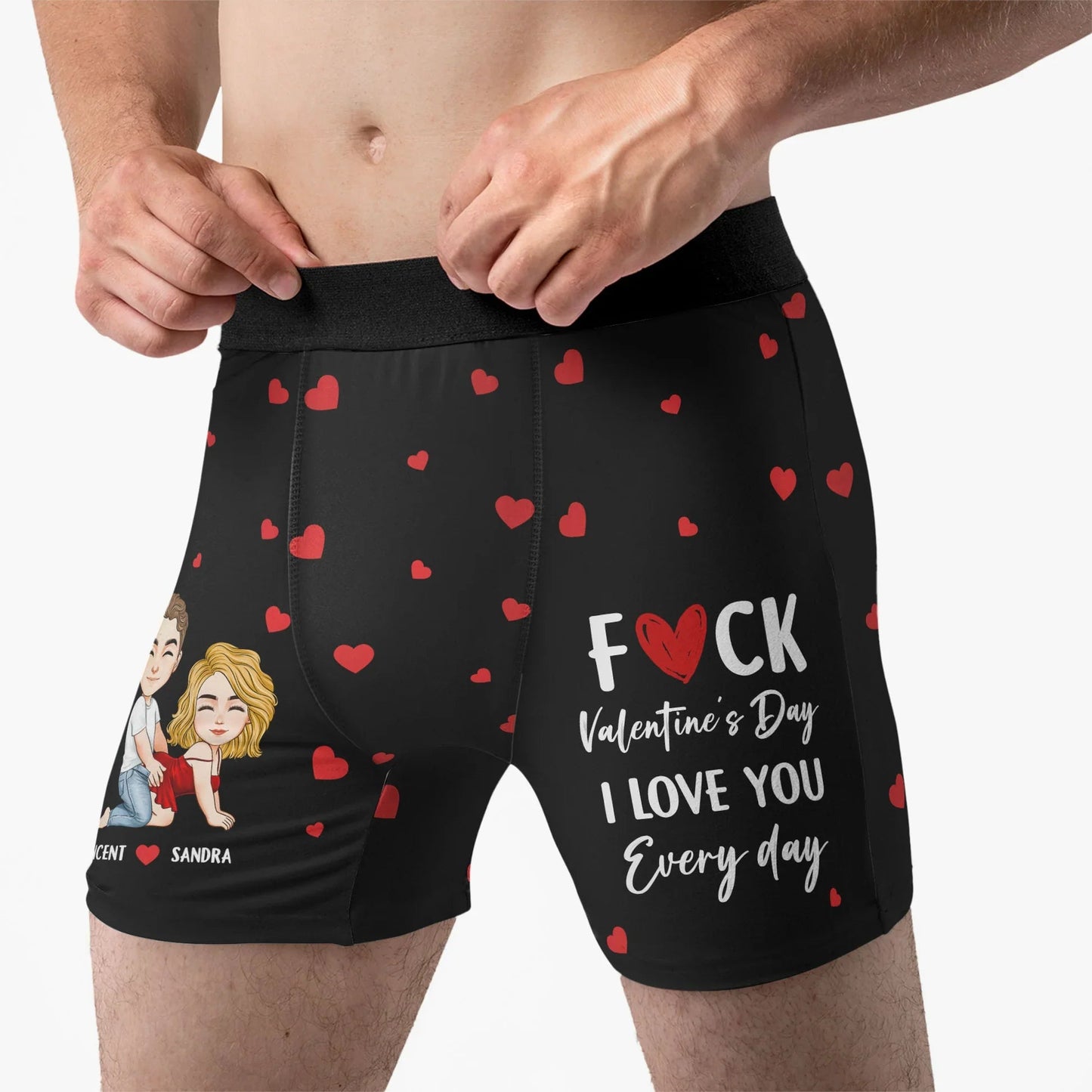 Personalized Men's Boxer Briefs with Cute Cartoon Couple & Hearts, Funny Romantic Gift for Boyfriend or Husband