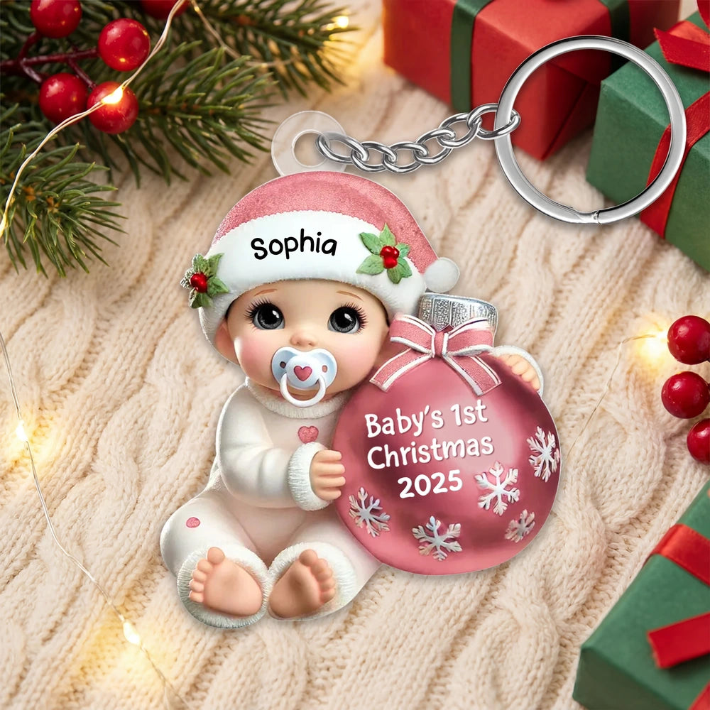 Personalized Acrylic Keychain for Baby's First Christmas, Cute Snowy Ornament Design, Sweet Keepsake & Unique Christmas Gift