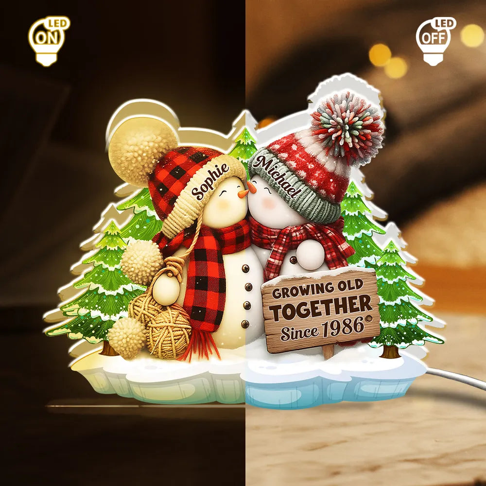 Acrylic Light Box, Snowman Couple Hug in Winter Pines, Warm Glow Decor, Growing Old Together, Unique Gift for Couples