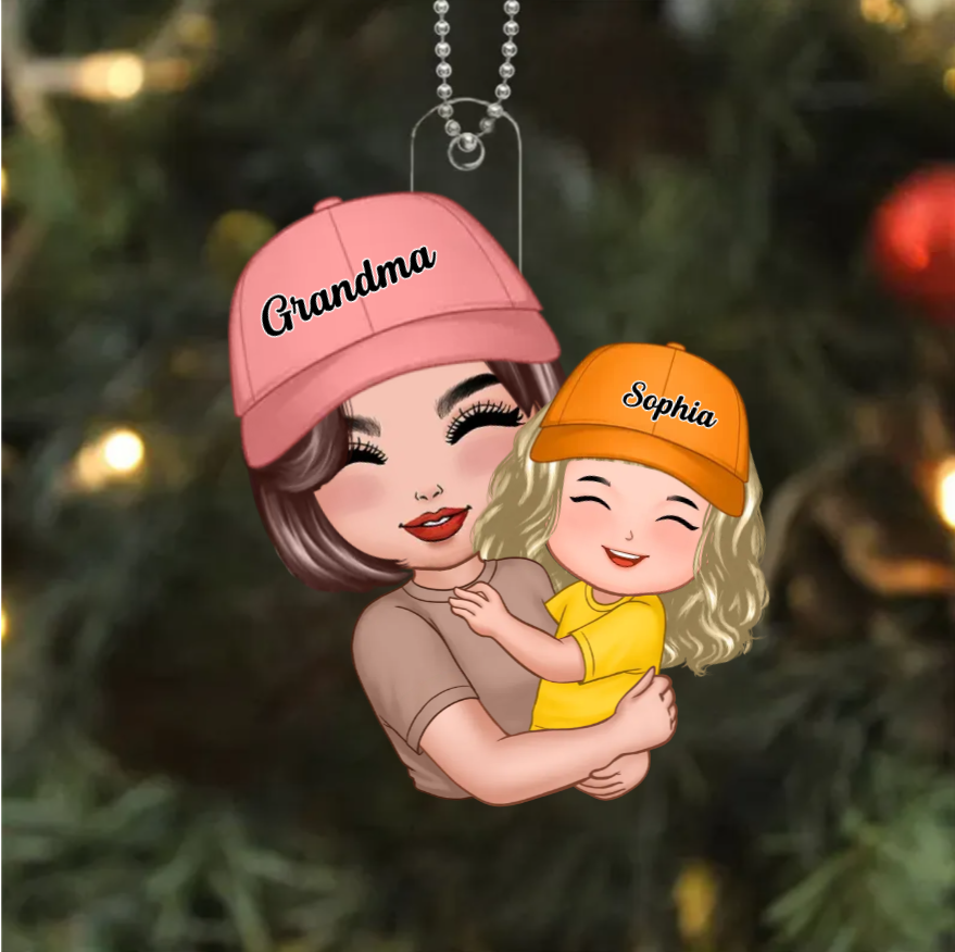 Gift for Grandkid & Grandma - Grandma Mom Hugging Kid - Personalized Custom Ornament, Keychain,Plaque and Pillow