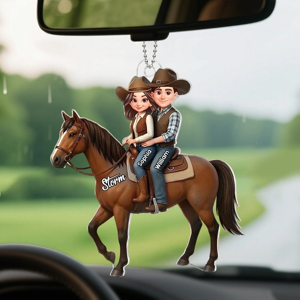 Personalized Acrylic Car Hanger Cute Cartoon Couple Riding a Horse, Unique Car Mirror Decor Gift for Horse Lovers