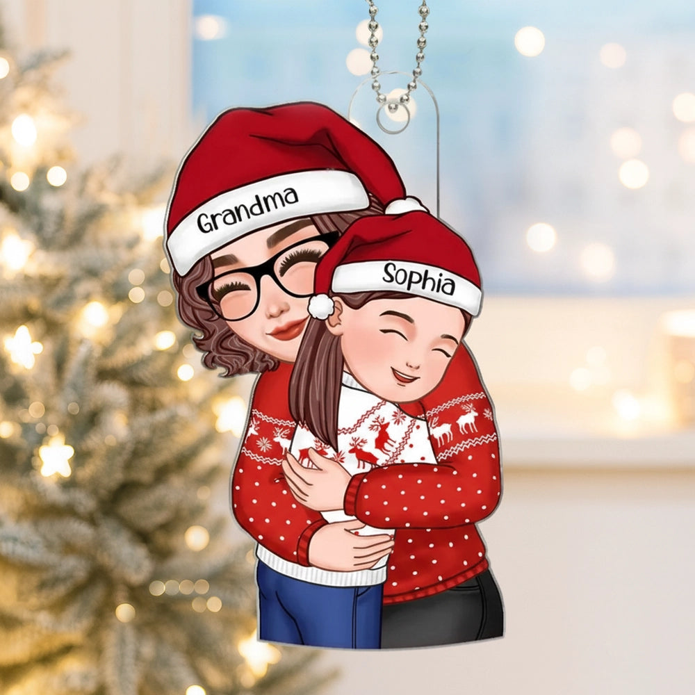Acrylic Ornament with Grandma & Granddaughter Hug Design, Christmas Sweater Style, Clear Print, Perfect Holiday Gift