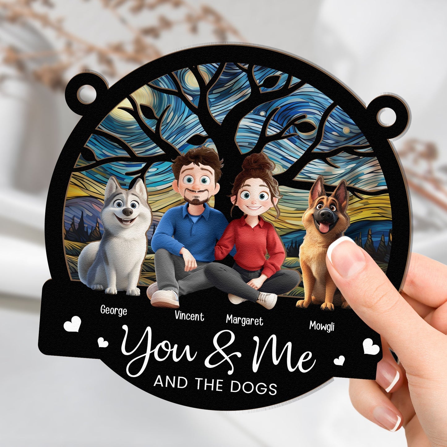 You & Me and the Dogs - Customizable Wood and Acrylic Layered Ornament, Ideal Gift for Couples and Pet Lovers