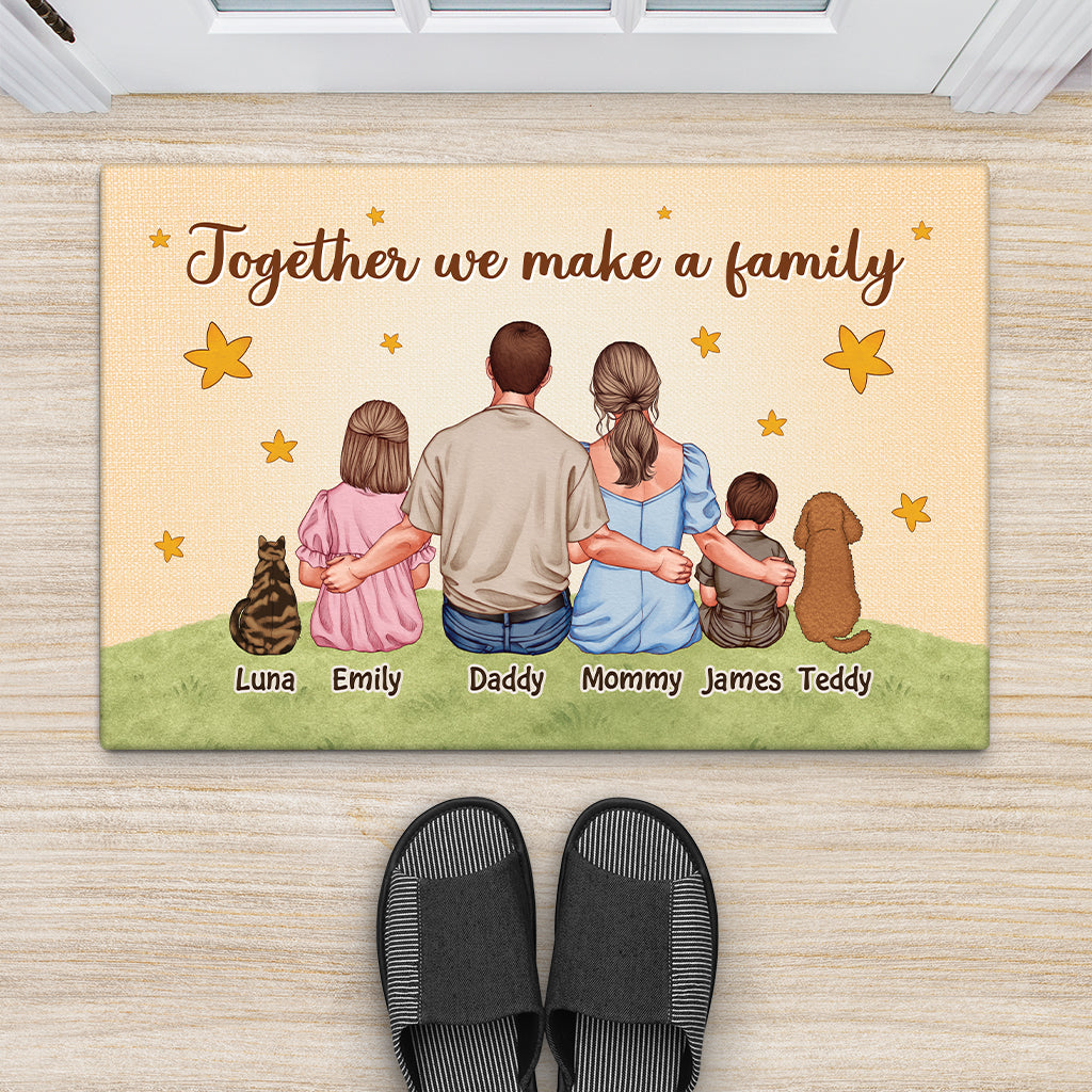Heartwarming Family Standard Doormat, Personalized Custom Home Entryway Decor with Mom Dad Kids Cat Dog, Unique Housewarming Gift