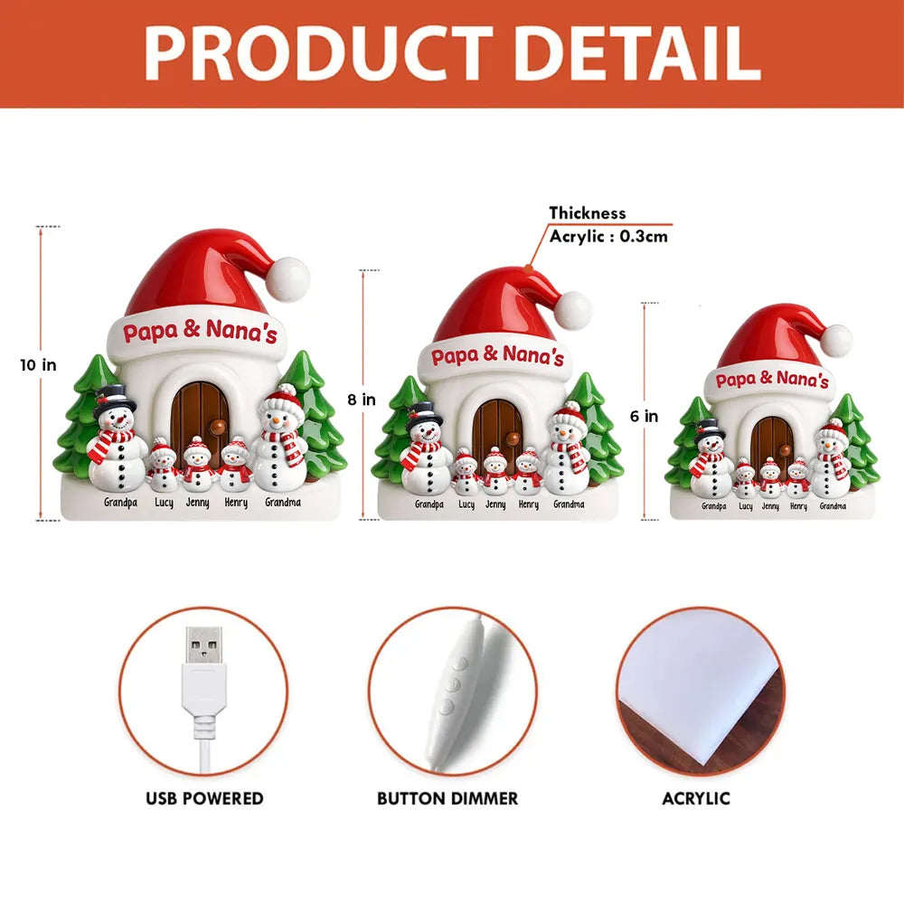 Personalized Acrylic Light Box with Snowman Family House, Soft Warm Glow Christmas Gift for Grandparents, Unique Keepsake Décor