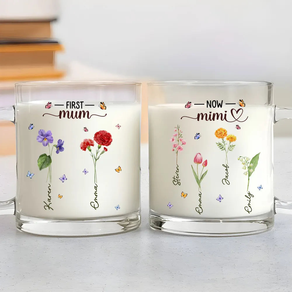 Personalized Glass Mug for Grandma, Custom Birth Flower Style Design, Sweet Daily Coffee Gift