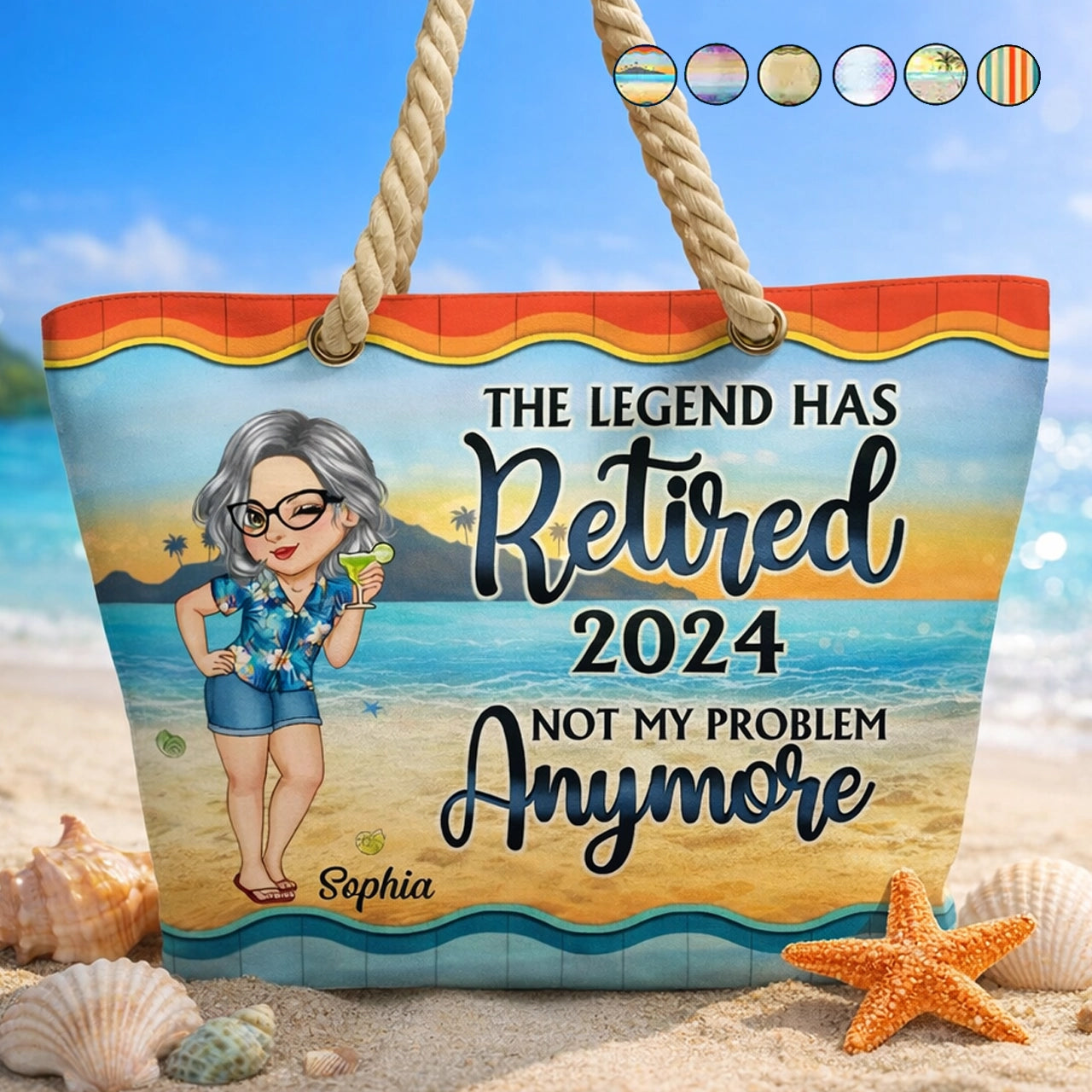 Rope Handle Canvas Bag Personalized for Retirement, Beach Scene Cartoon Woman, Fun 'Not My Problem Anymore' Gift