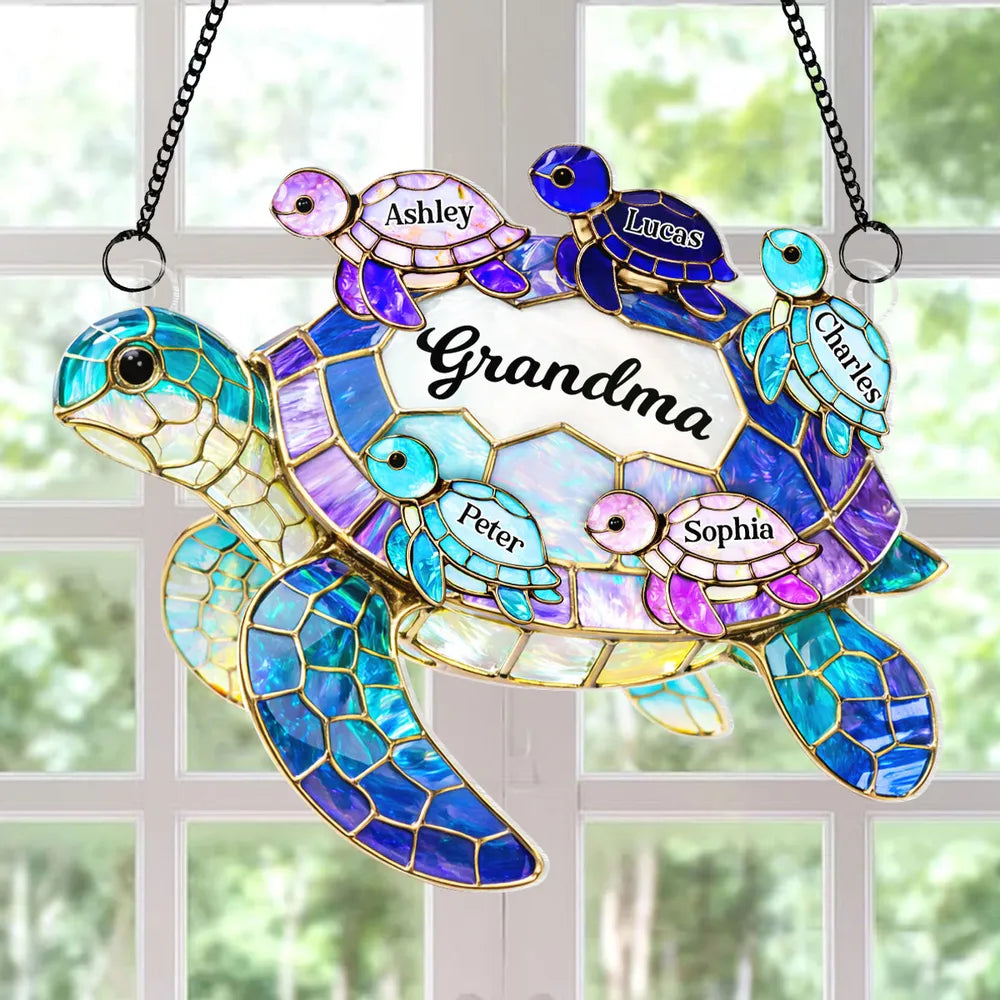 Acrylic Suncatcher Ornament for Grandma with Sea Turtle Family, Beachy Window Decor with Rainbow Shine, Thoughtful Personalized Gift