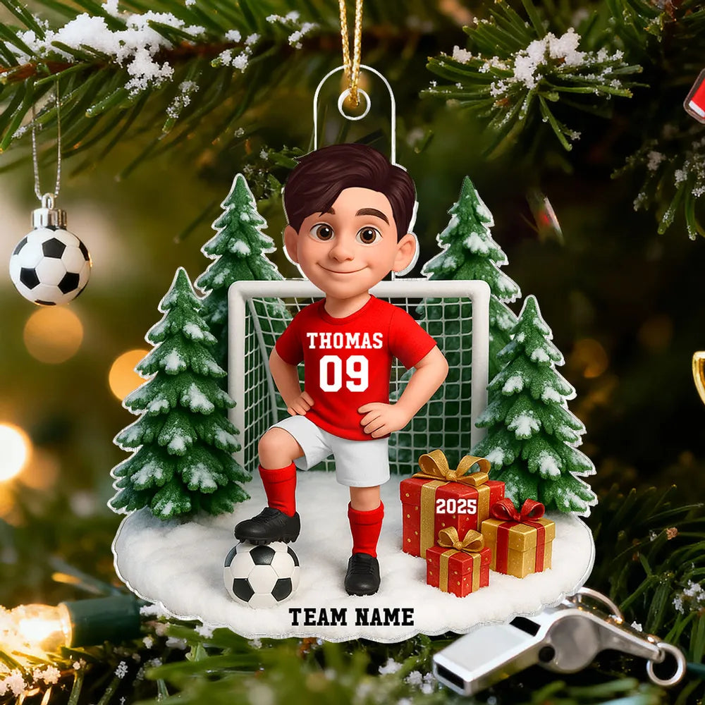 Kids Soccer Goal Ornament with Snowy Ball & Net Scene | Holiday Gift