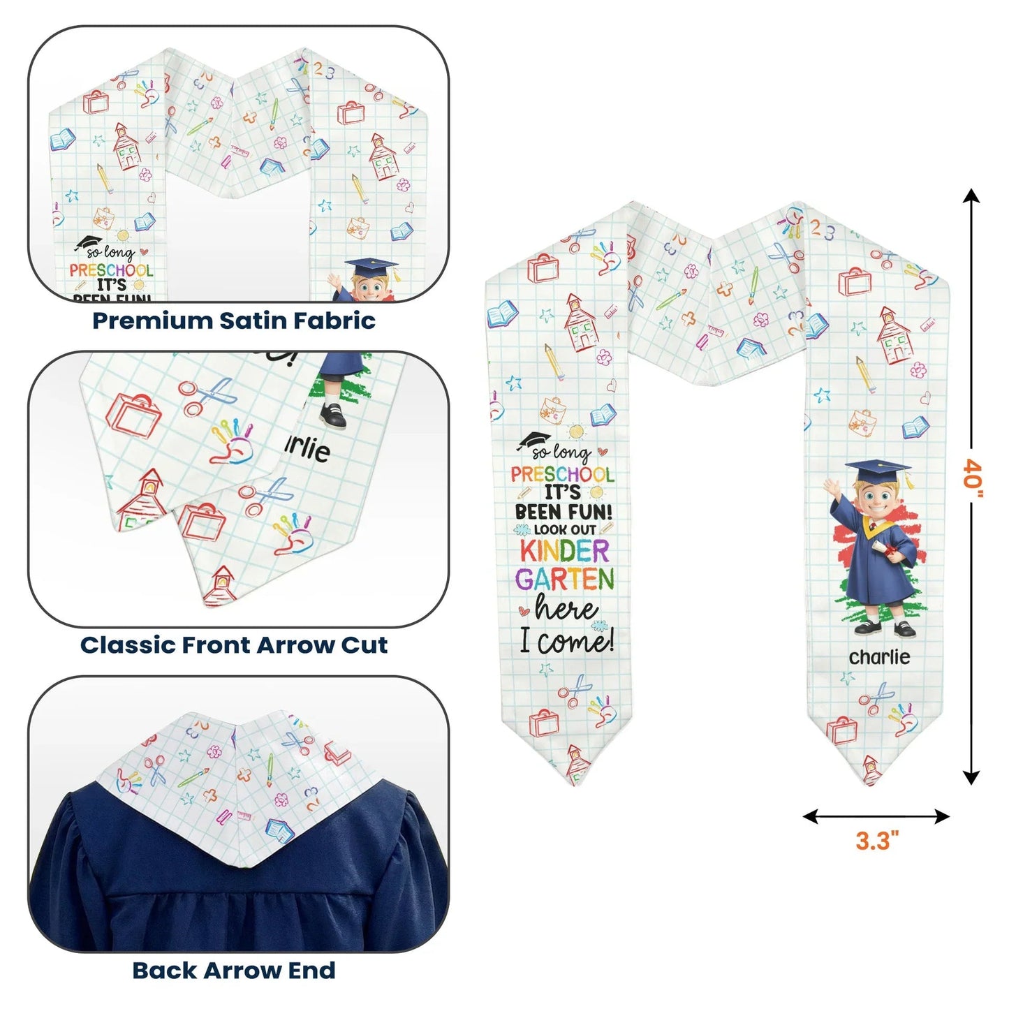 Personalized Preschool Graduation Polyester Satin Stole with Cute Cap Cartoon, Unique Gift for Pre-K to Kindergarten Memories