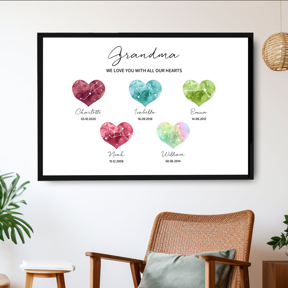 Grandma - A Heartfelt Thank You – LED Light Frame with Custom Heart Designs and Family Birthdays – Perfect Personalized Gift for Grandmothers
