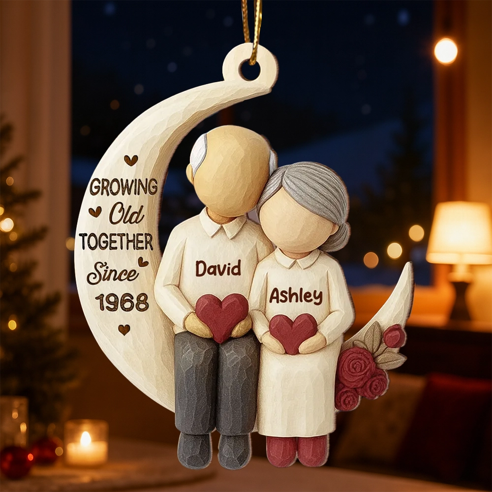 Wooden Ornament - I Love You to the Moon, Carved Couple Design, Unique Christmas Gift for Couples or Grandparents