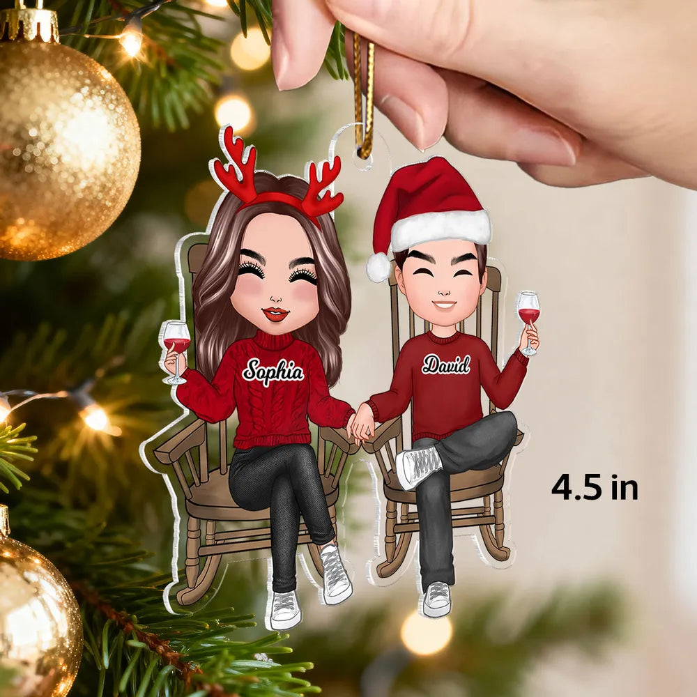 Personalized Couple Acrylic Car Hanger, Cute Sitting Together Christmas Mirror Decor, Unique Gift for Him or Her