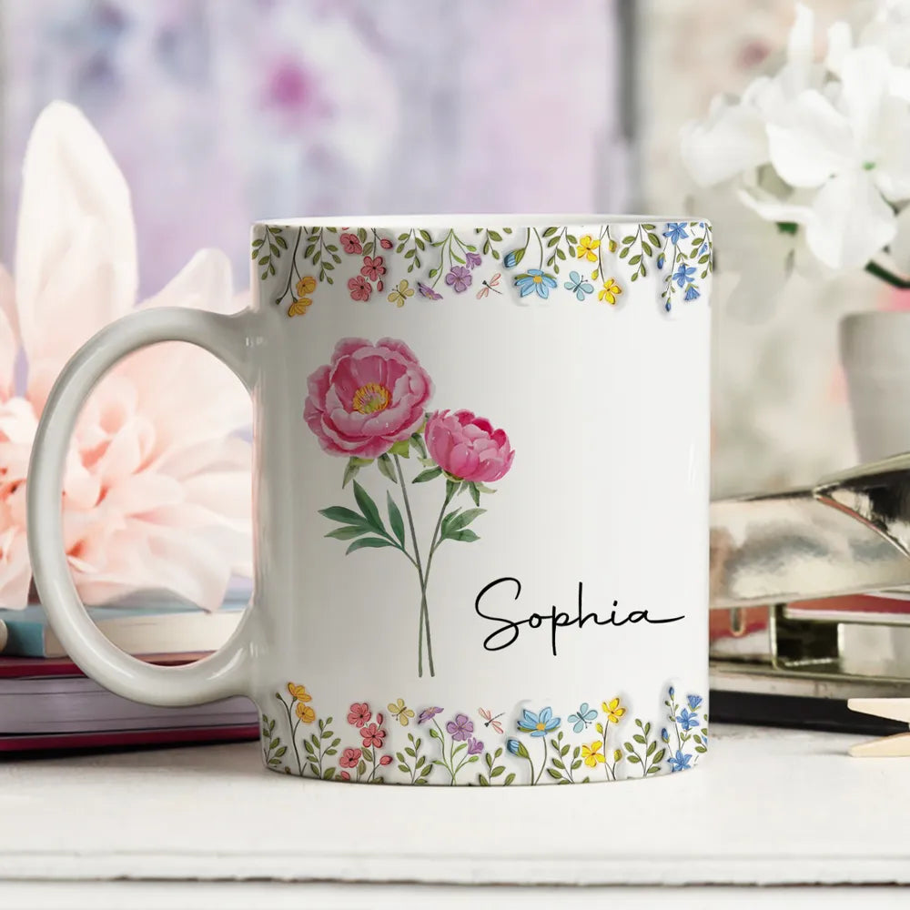 White Ceramic Mug with Floral Design and Name Print – Elegant Personalized Gift for Her, Perfect for Birthdays and Special Moments