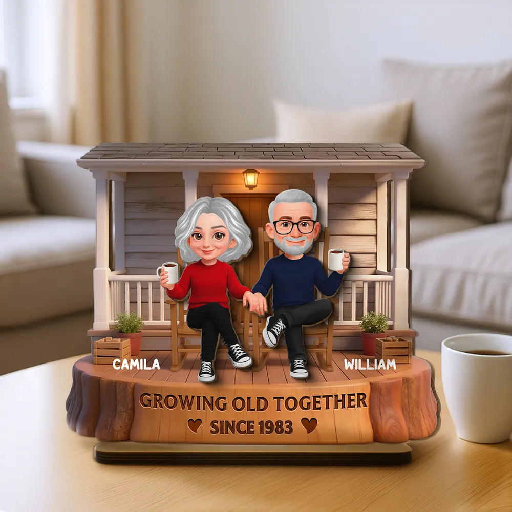 Personalized 2-Layer Wooden Plaque, Couple Holding Hands on a Cozy Front Porch, Growing Old Together, Unique Gift for Him & Her