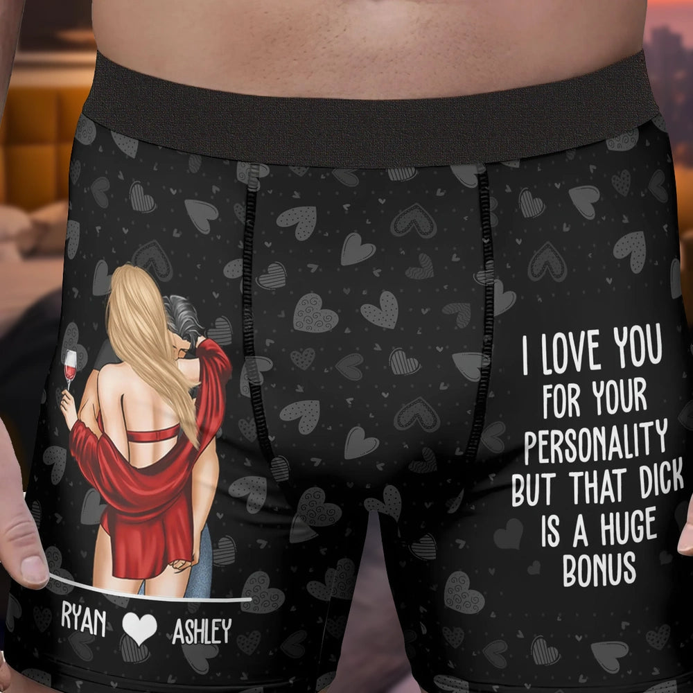 Personalized Men's Boxer Briefs with Funny Romantic Quote, Couple Hug Illustration, Unique Anniversary Gift