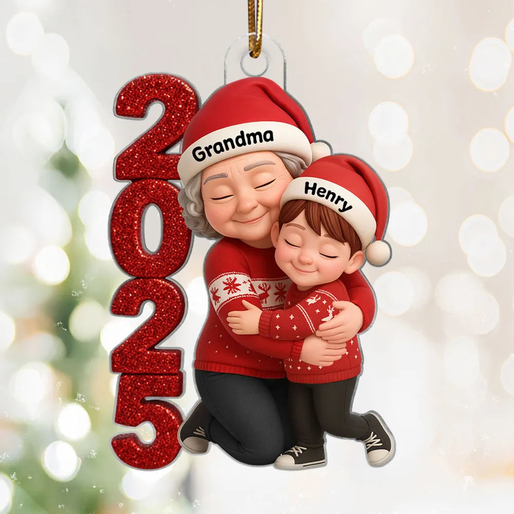 Acrylic Ornament - Personalized Grandma & Grandchild Hugging, Snowy Window - Christmas Keepsake, Unique Gift for Grandma