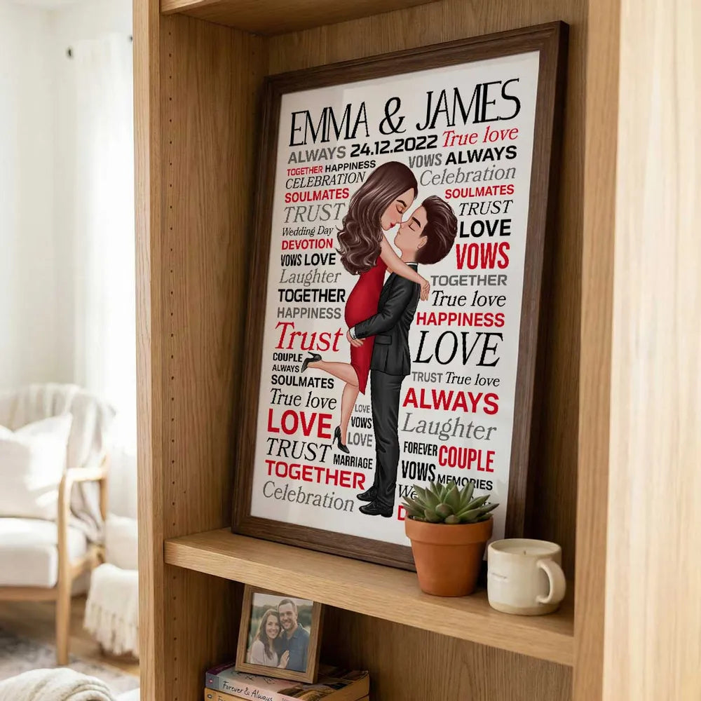 Personalized Couple Word Art Poster Romantic Hugging Kissing Wall Decor Unique Creative Gift For Wife Or Husband